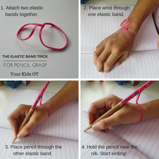 THE ELASTIC BAND TRICK FOR PENCIL GRASP AND INSIDE THE HANDWRITING BOOK -  Your Kids OT